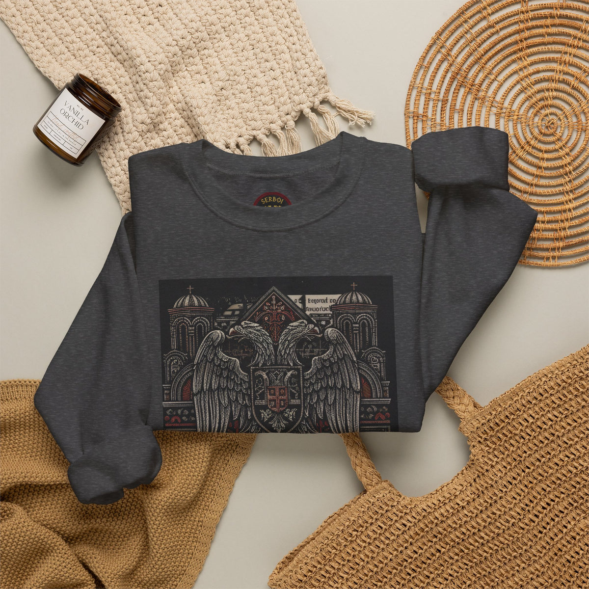 Serbian Embroidered Double-Headed Eagle Crewneck Sweatshirt — "Света Земля" Gothic Slavic Design