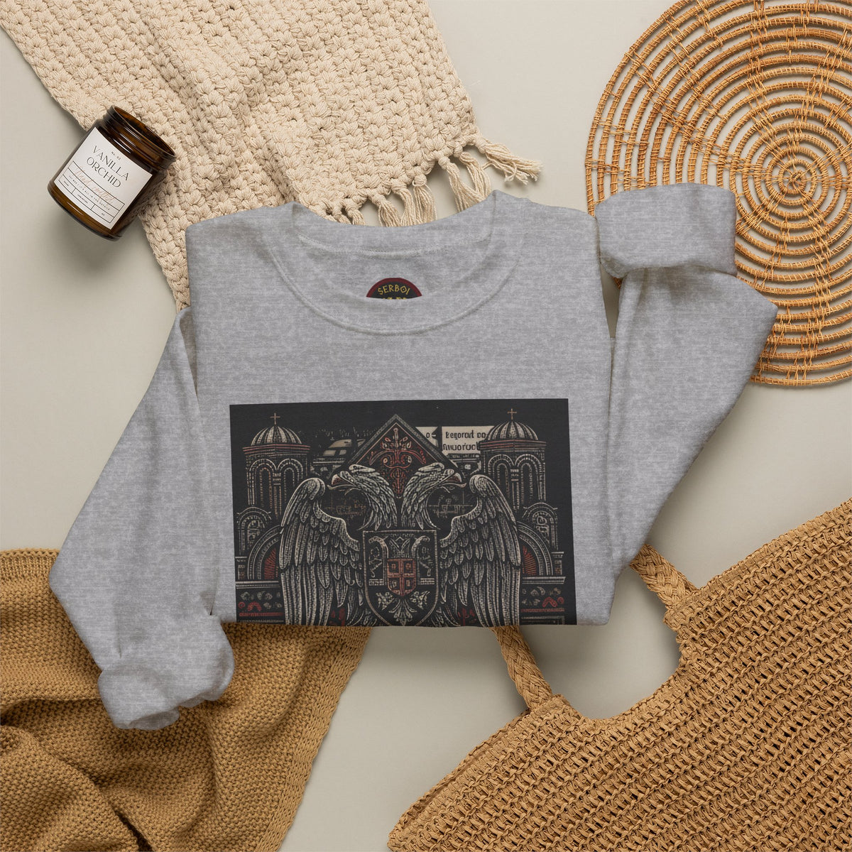 Serbian Embroidered Double-Headed Eagle Crewneck Sweatshirt — "Света Земля" Gothic Slavic Design