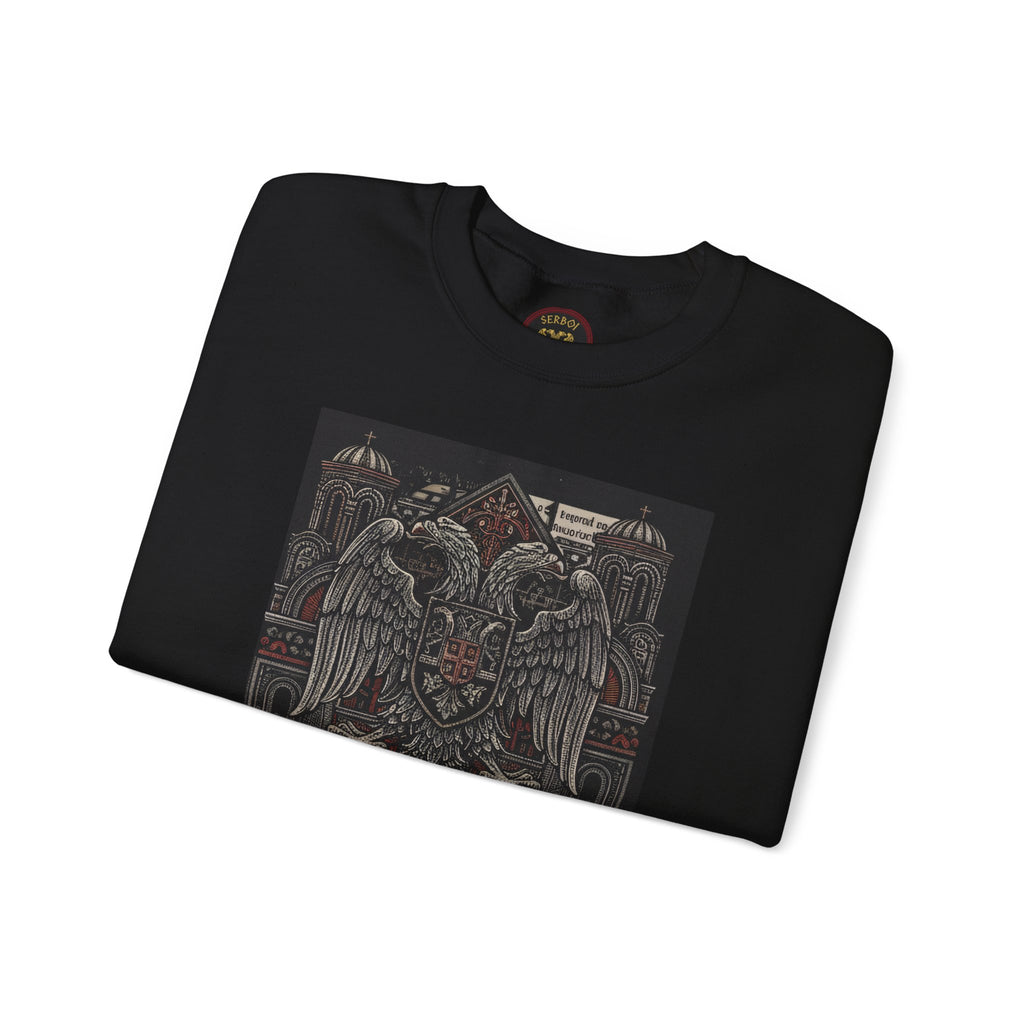 Serbian Embroidered Double-Headed Eagle Crewneck Sweatshirt — "Света Земля" Gothic Slavic Design