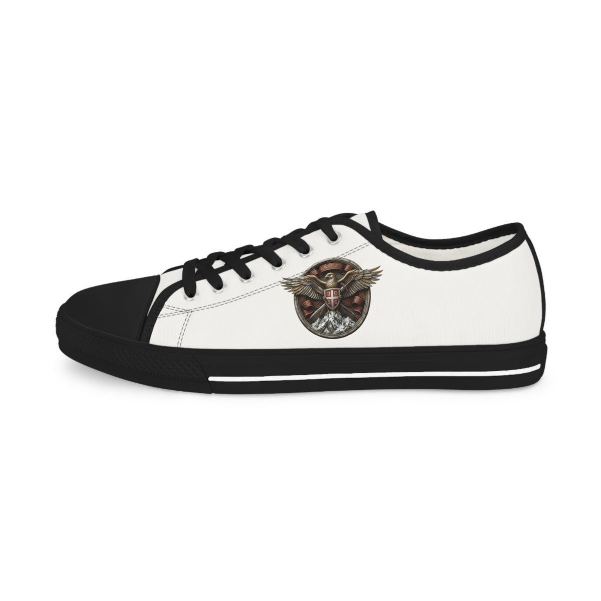 Men's Low Top Sneakers — White Canvas with Vintage Serbian Eagle Print