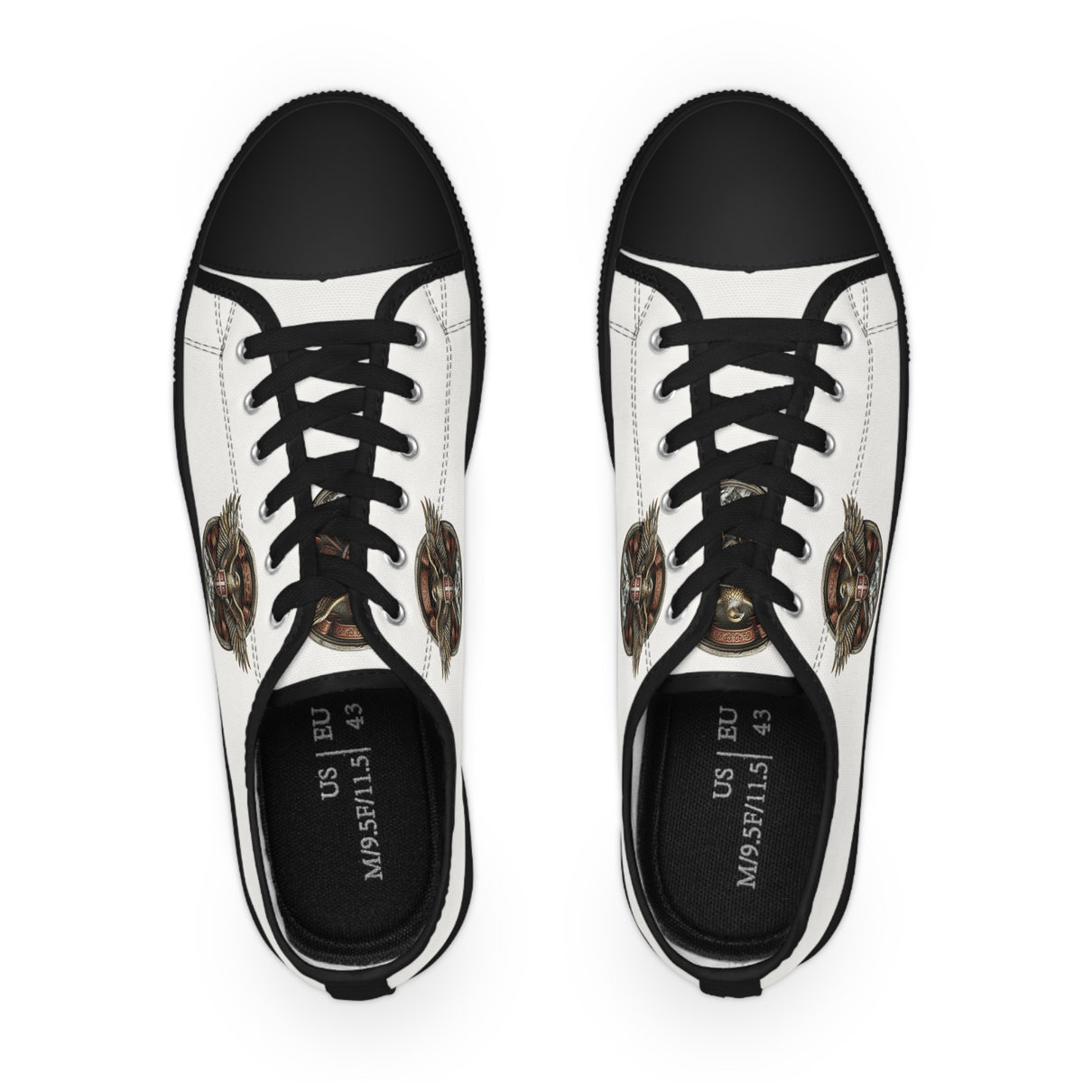 Men's Low Top Sneakers — White Canvas with Vintage Serbian Eagle Print