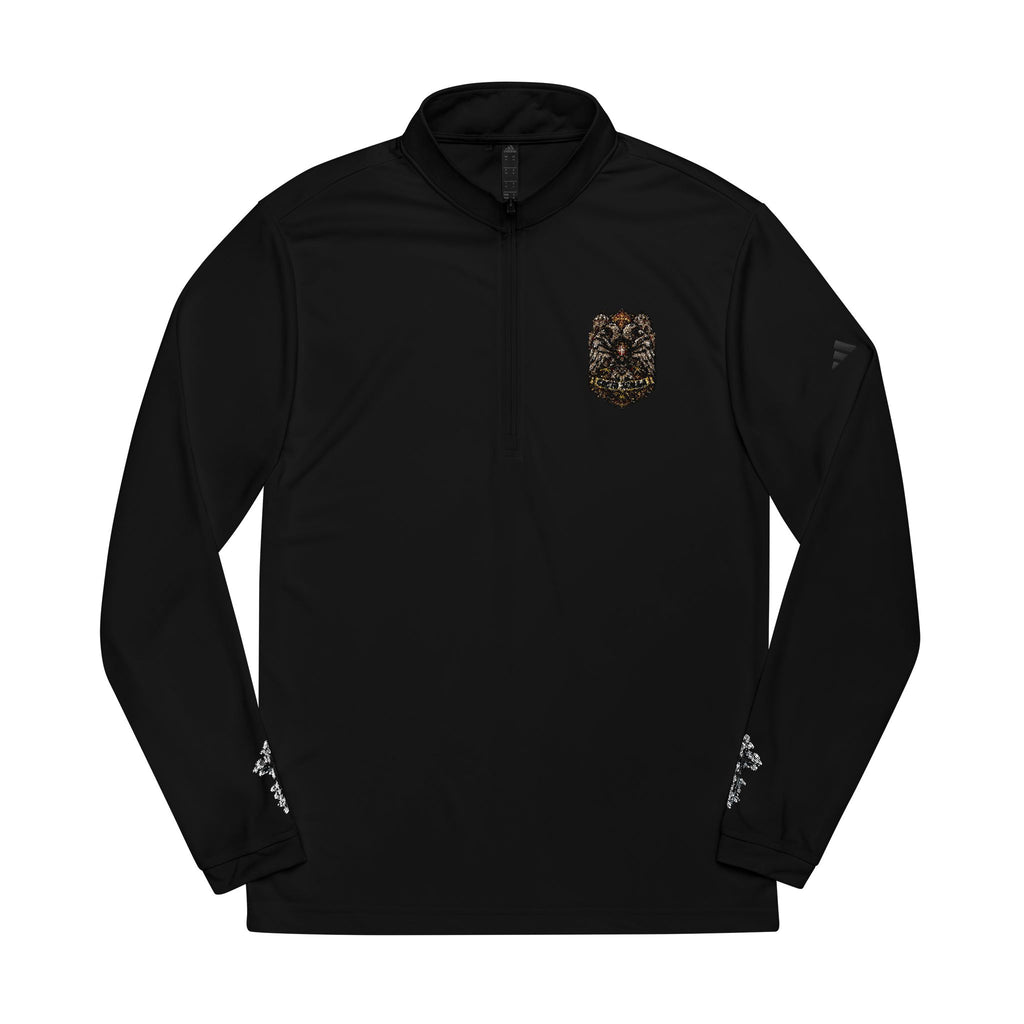 Embroidered Quarter-Zip Pullover — White Athletic Pullover with Crest Accent