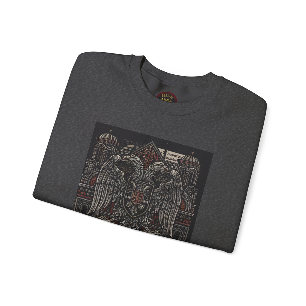Serbian Embroidered Double-Headed Eagle Crewneck Sweatshirt — "Света Земля" Gothic Slavic Design