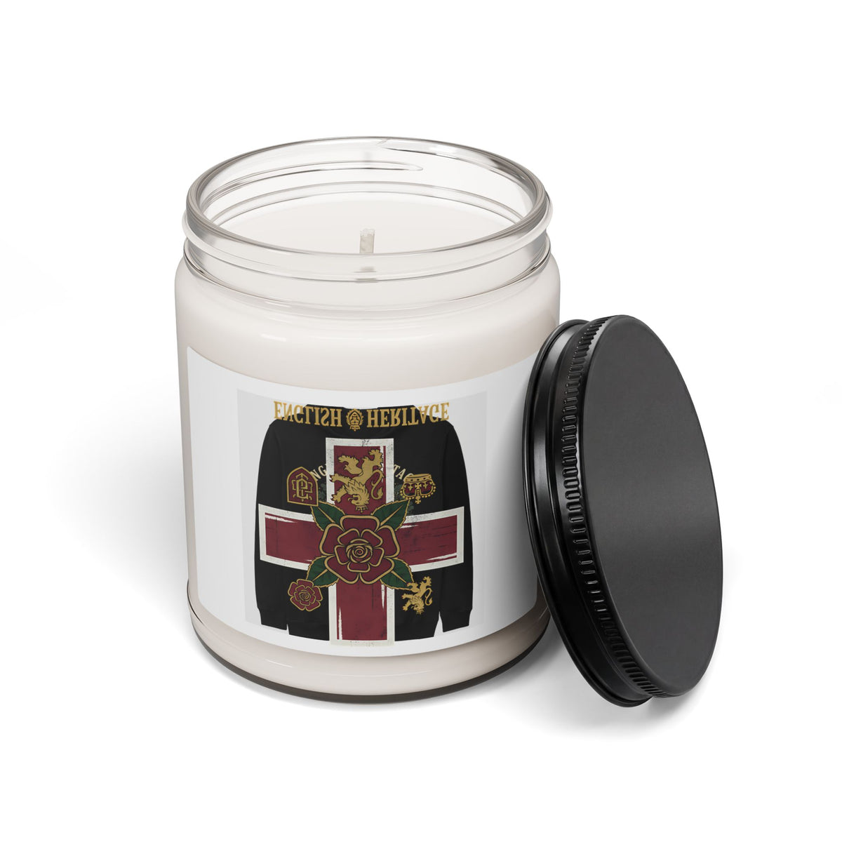 Heritage Crest Soy Candle — 9oz Scented Jar (Rose Cross & Lion Emblem)