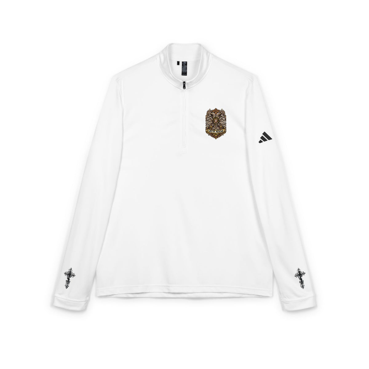 Embroidered Quarter-Zip Pullover — White Athletic Pullover with Crest Accent
