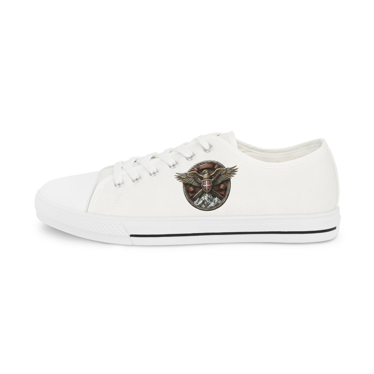 Men's Low Top Sneakers — White Canvas with Vintage Serbian Eagle Print