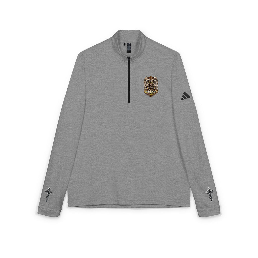 Embroidered Quarter-Zip Pullover — White Athletic Pullover with Crest Accent