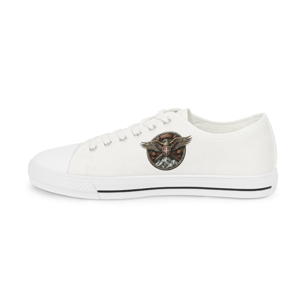 Men's Low Top Sneakers — White Canvas with Vintage Serbian Eagle Print
